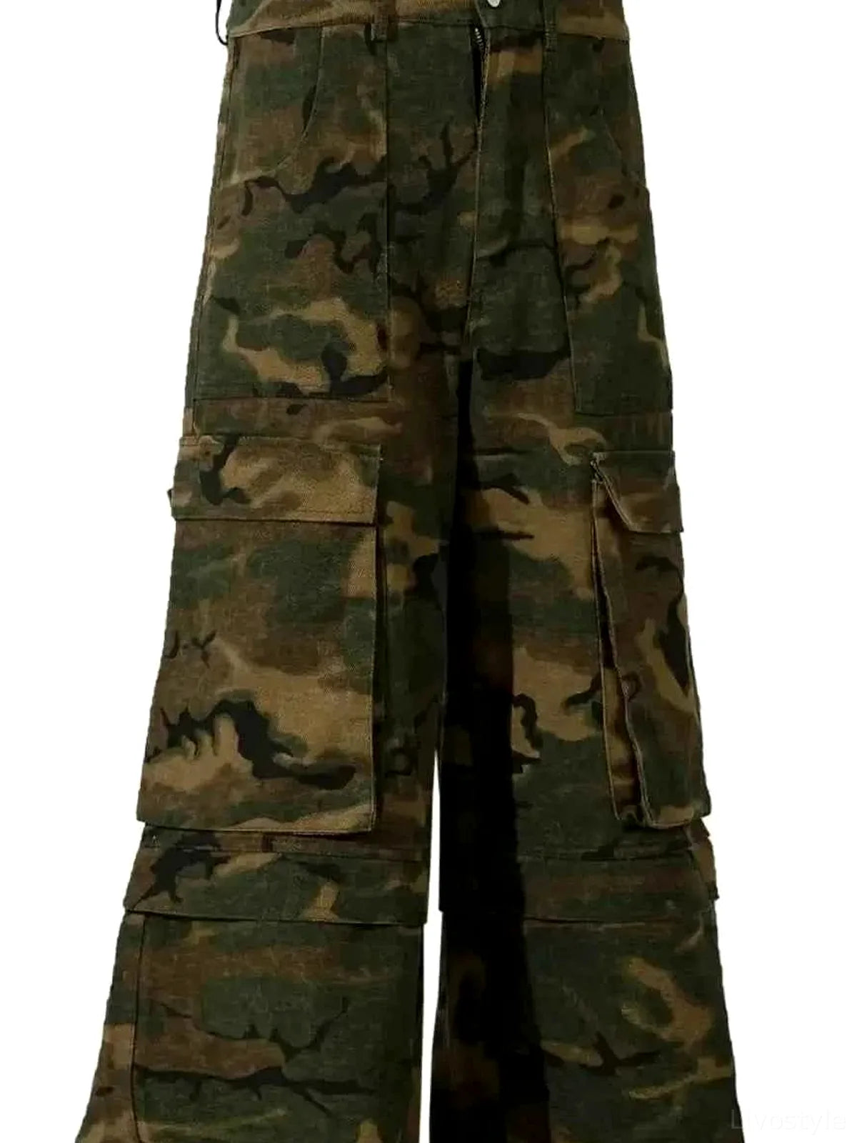 Green Utility Men's Wide Leg Camouflage Cargo Pants — detail view — Livostyle