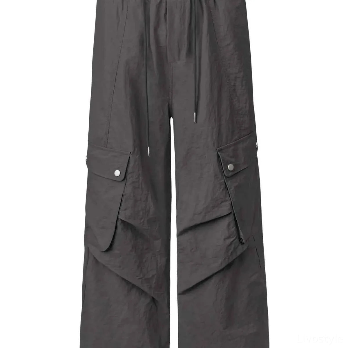 Dark Gray Cropped Drawstring Men's Wide Leg Cargo Pants — square view — Livostyle