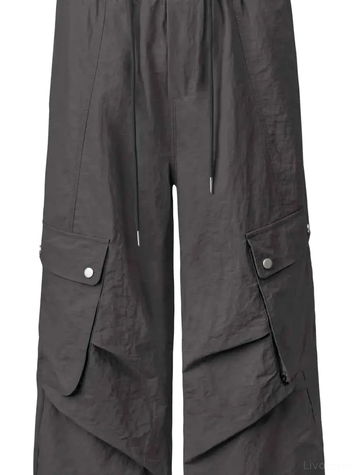 Dark Gray Cropped Drawstring Men's Wide Leg Cargo Pants — detail view — Livostyle