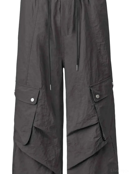 Dark Gray Cropped Drawstring Men's Wide Leg Cargo Pants — detail view — Livostyle