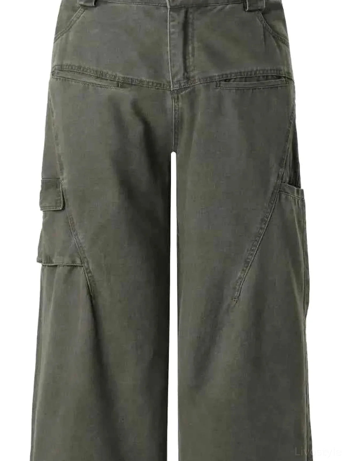 Olive Green Men's Wide Leg Cargo Utility Pants — detail view — Livostyle