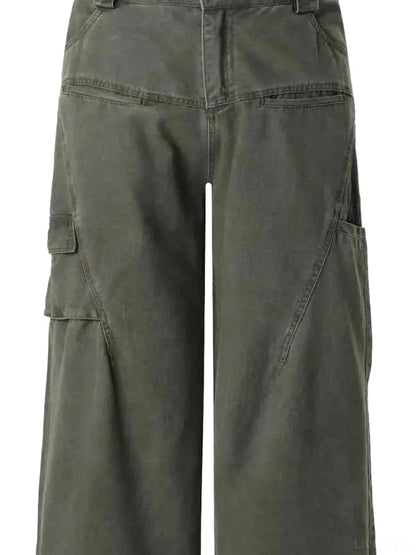 Olive Green Men's Wide Leg Cargo Utility Pants — detail view — Livostyle