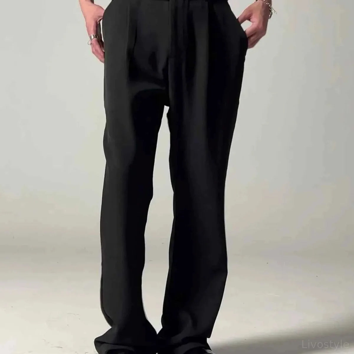 Black Belted Men's Pleated Wide Leg Dress Pants — square view — Livostyle