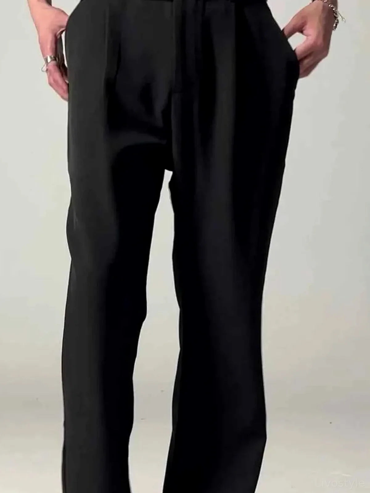 Black Belted Men's Pleated Wide Leg Dress Pants — detail view — Livostyle