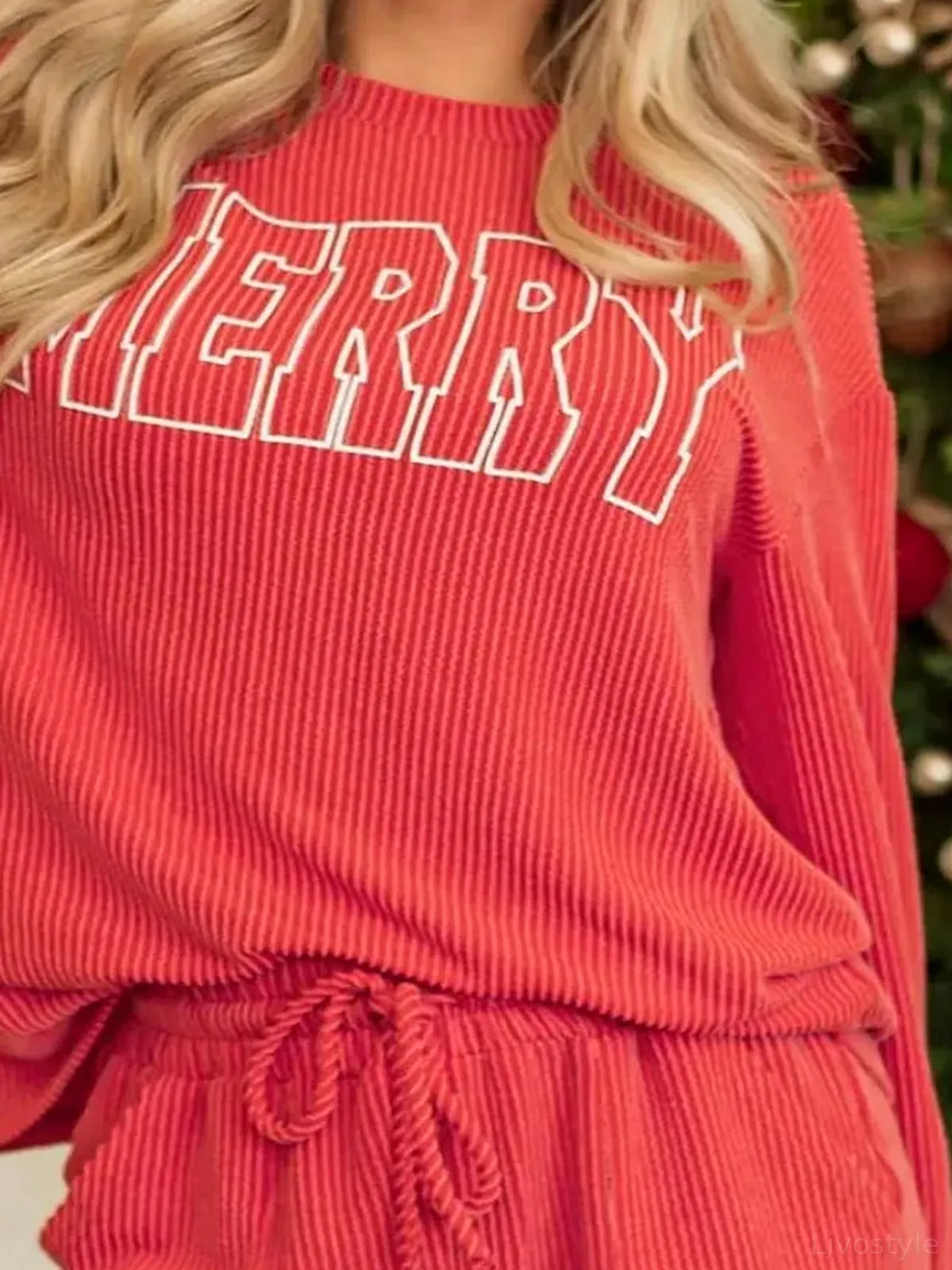 MERRY Round Neck Long Sleeve Top and Shorts Lounge Set — detail view — Livostyle