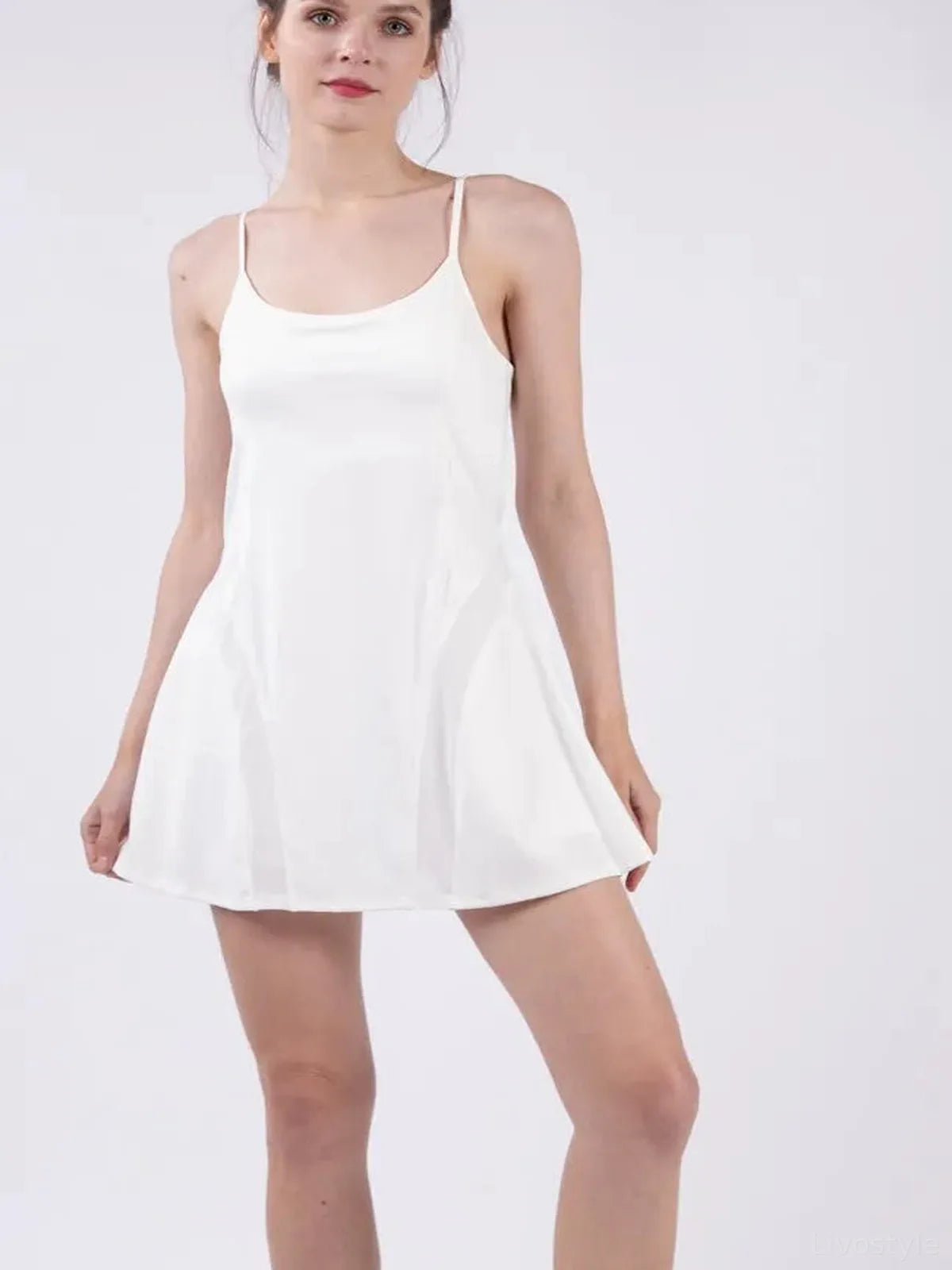 Mesh Detail Tennis Mini Active Dress with Shorts Inside in W — detail view — Livostyle