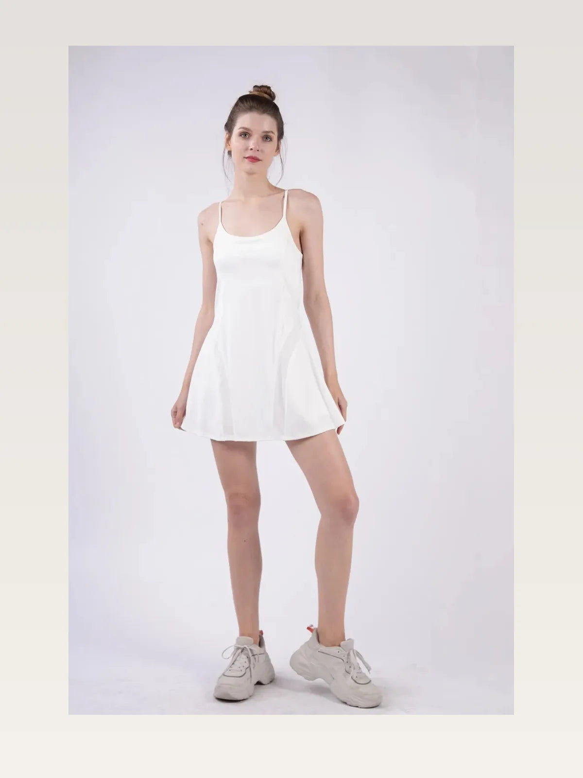 Mesh Detail Tennis Mini Active Dress with Shorts Inside in W — styled showcase — Livostyle
