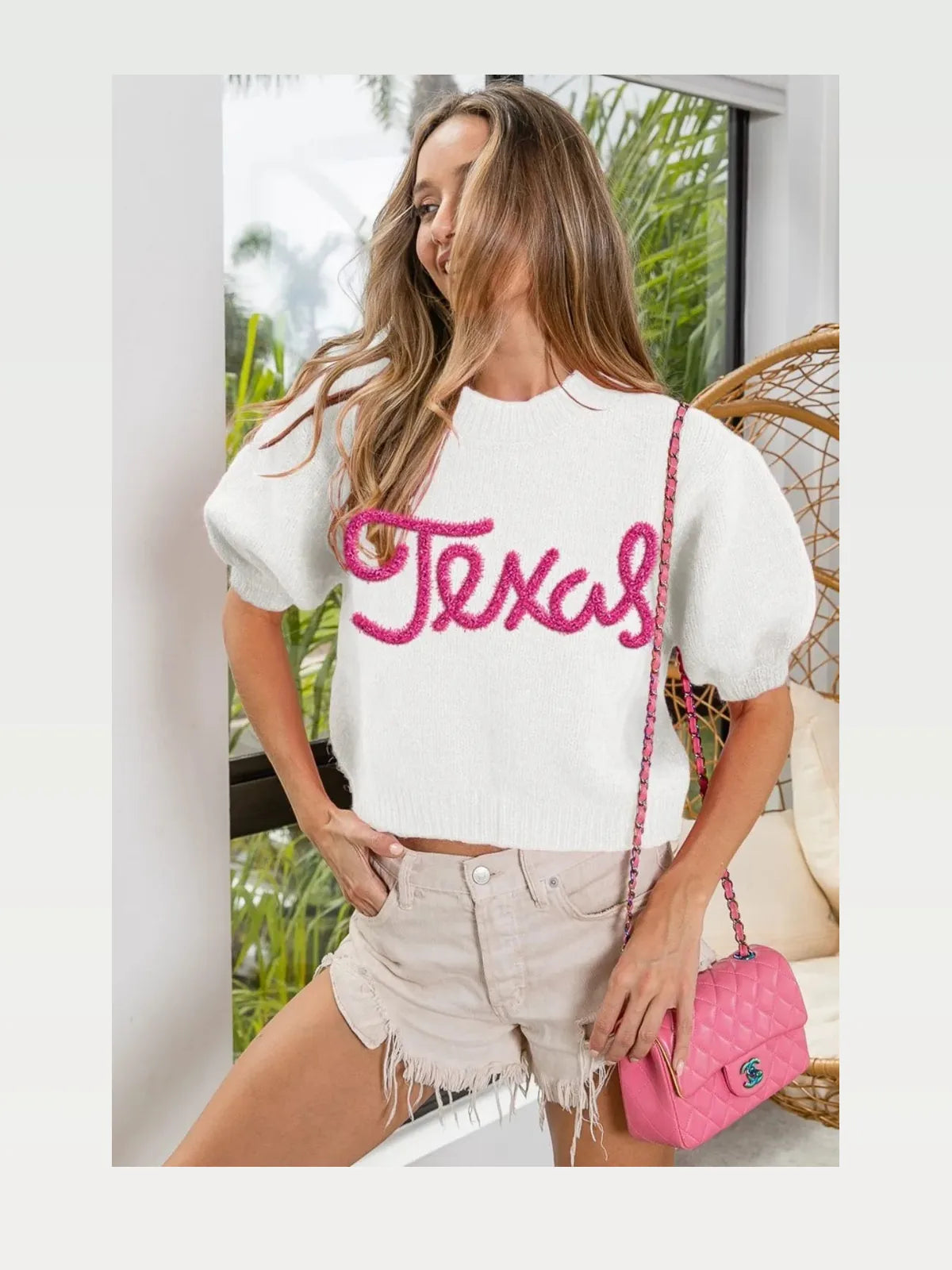 Chic Puff Sleeve Sweater with Metallic Lettering Detail — styled showcase — Livostyle