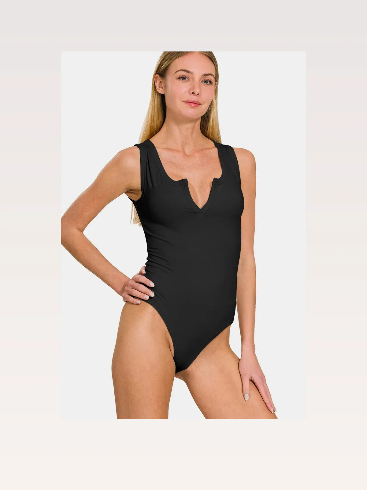 Notched Neck Microfiber Sleeveless Bodysuit — styled showcase — Livostyle