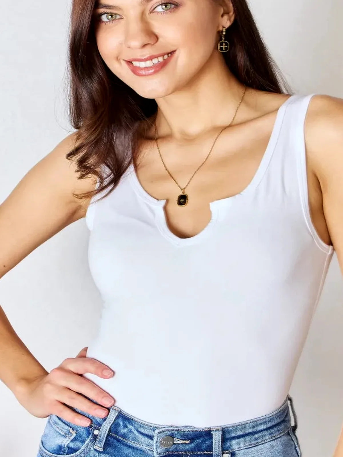 Notched Neck Microfiber Sleeveless Bodysuit — detail view — Livostyle