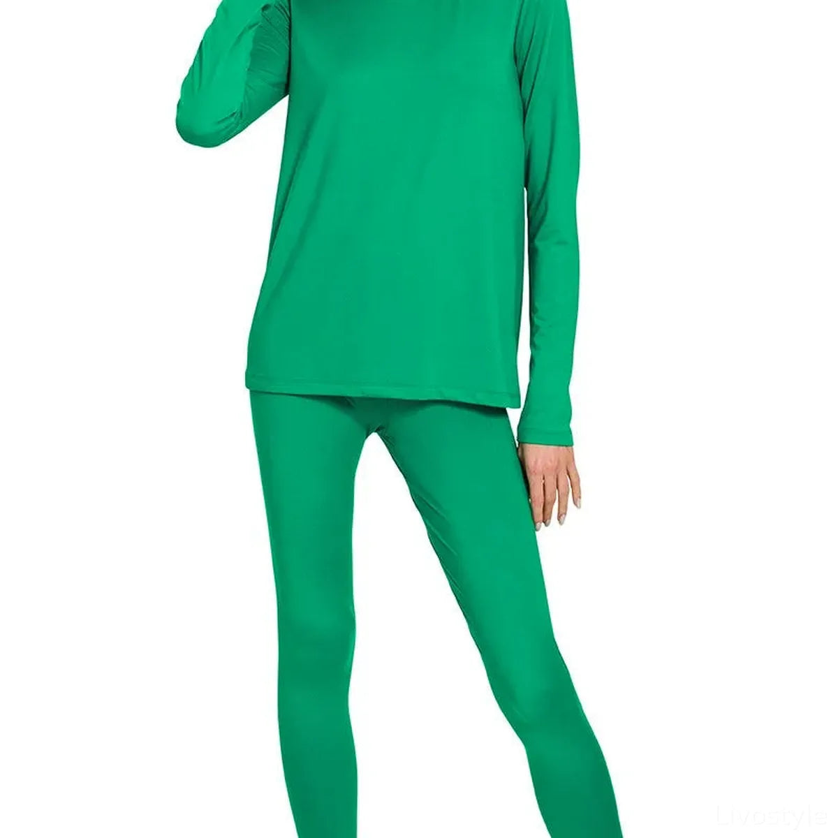 Microfiber Round Neck Top and Leggings Set in K GREEN — square view — Livostyle