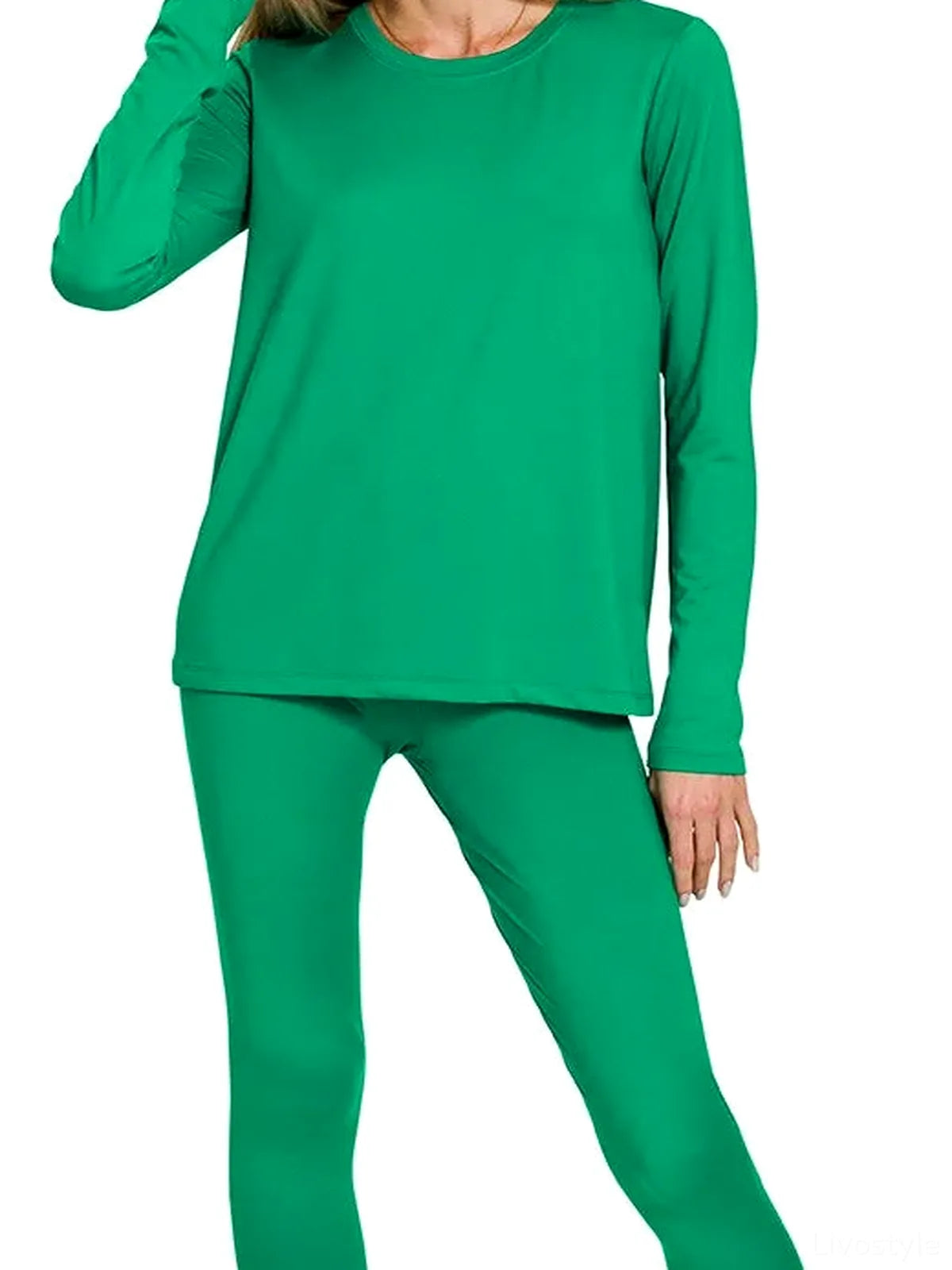 Microfiber Round Neck Top and Leggings Set in K GREEN — detail view — Livostyle