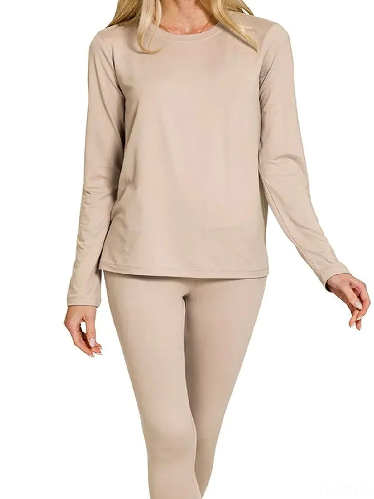Microfiber Round Neck Top and Leggings Set in ASH MOCHA — detail view — Livostyle