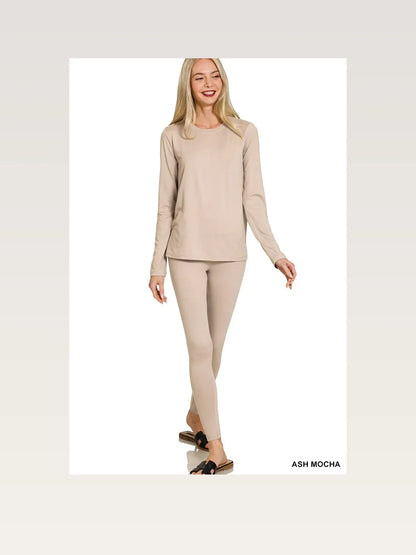 Microfiber Round Neck Top and Leggings Set in ASH MOCHA — styled showcase — Livostyle