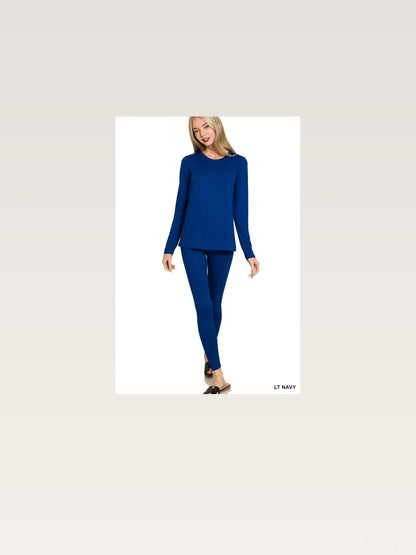 Microfiber Round Neck Top and Leggings Set in LT NAVY — styled showcase — Livostyle