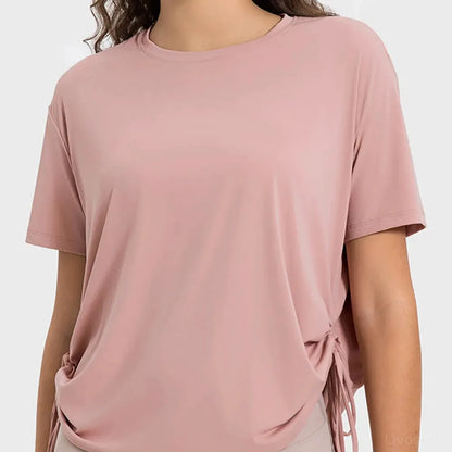 Drawstring Round Neck Short Sleeve Active T-Shirt