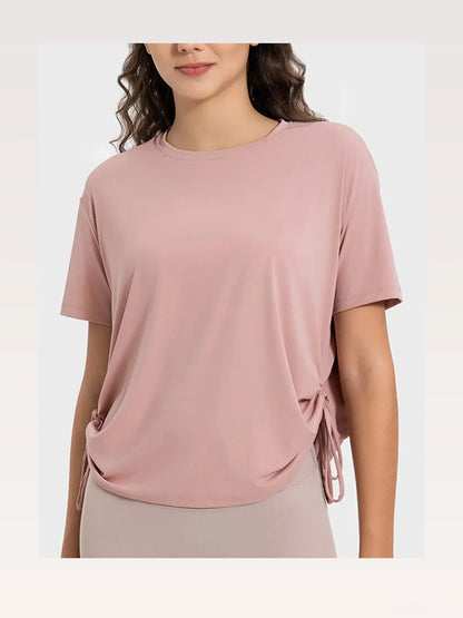 Drawstring Round Neck Short Sleeve Active T-Shirt – photo 3