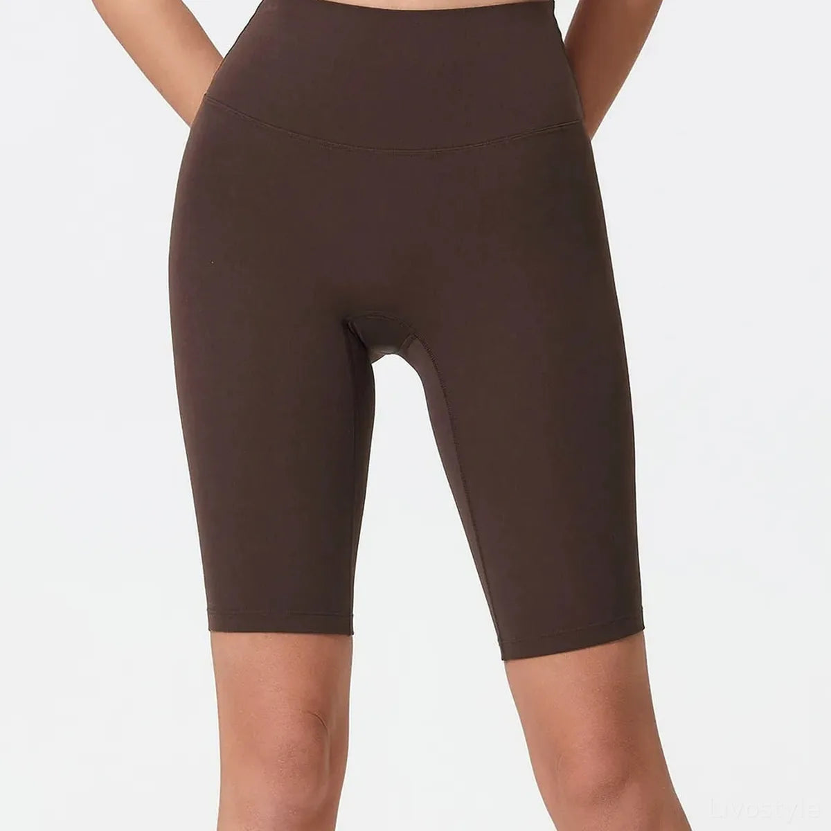 High Rise Wide Waistband Active Shorts in Dark Brown – full product view