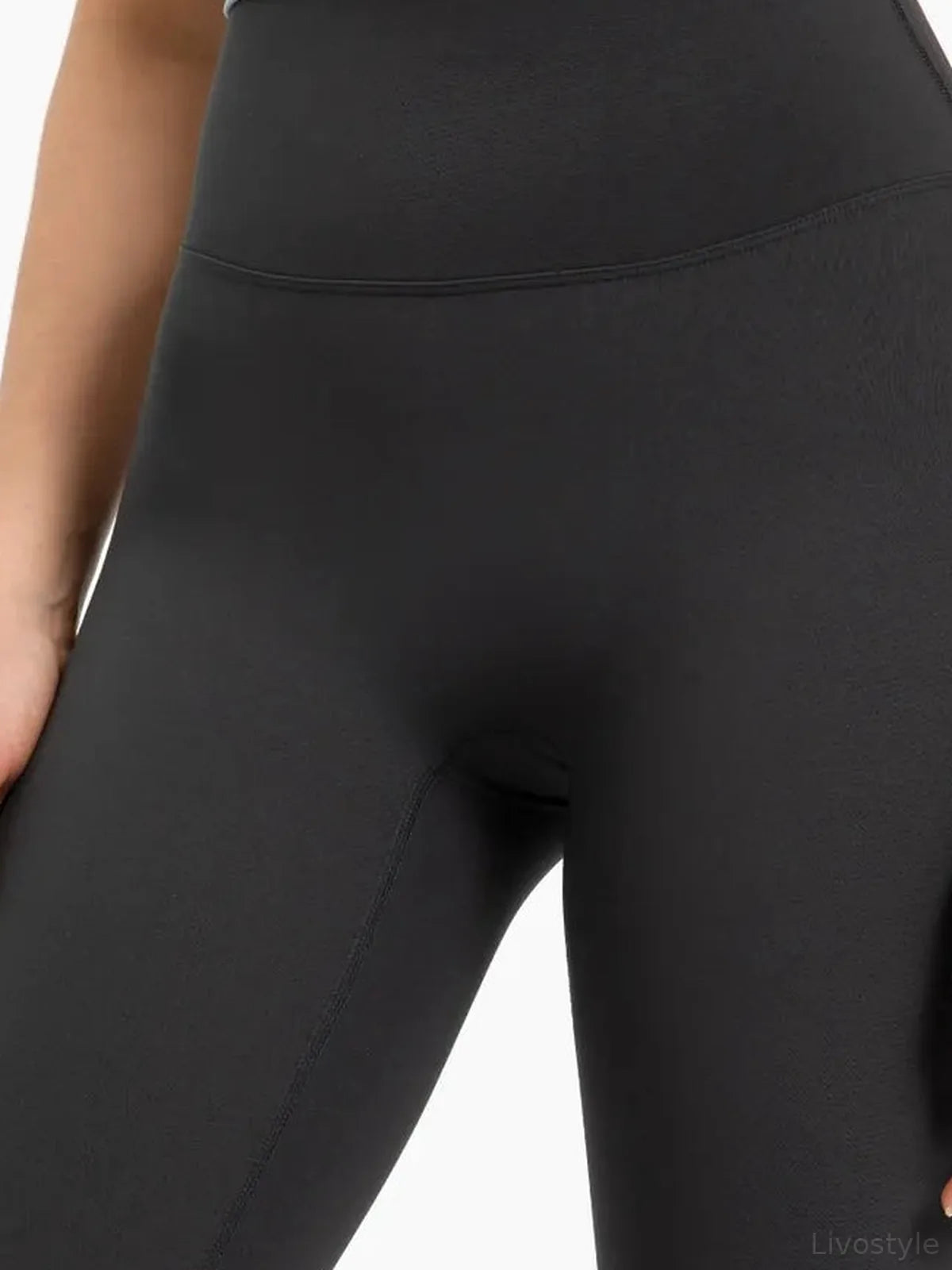 High Rise Wide Waistband Active Shorts in Dark Gray – fabric and detail close-up
