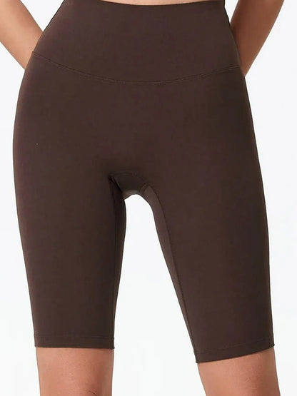 High Rise Wide Waistband Active Shorts in Dark Brown – fabric and detail close-up