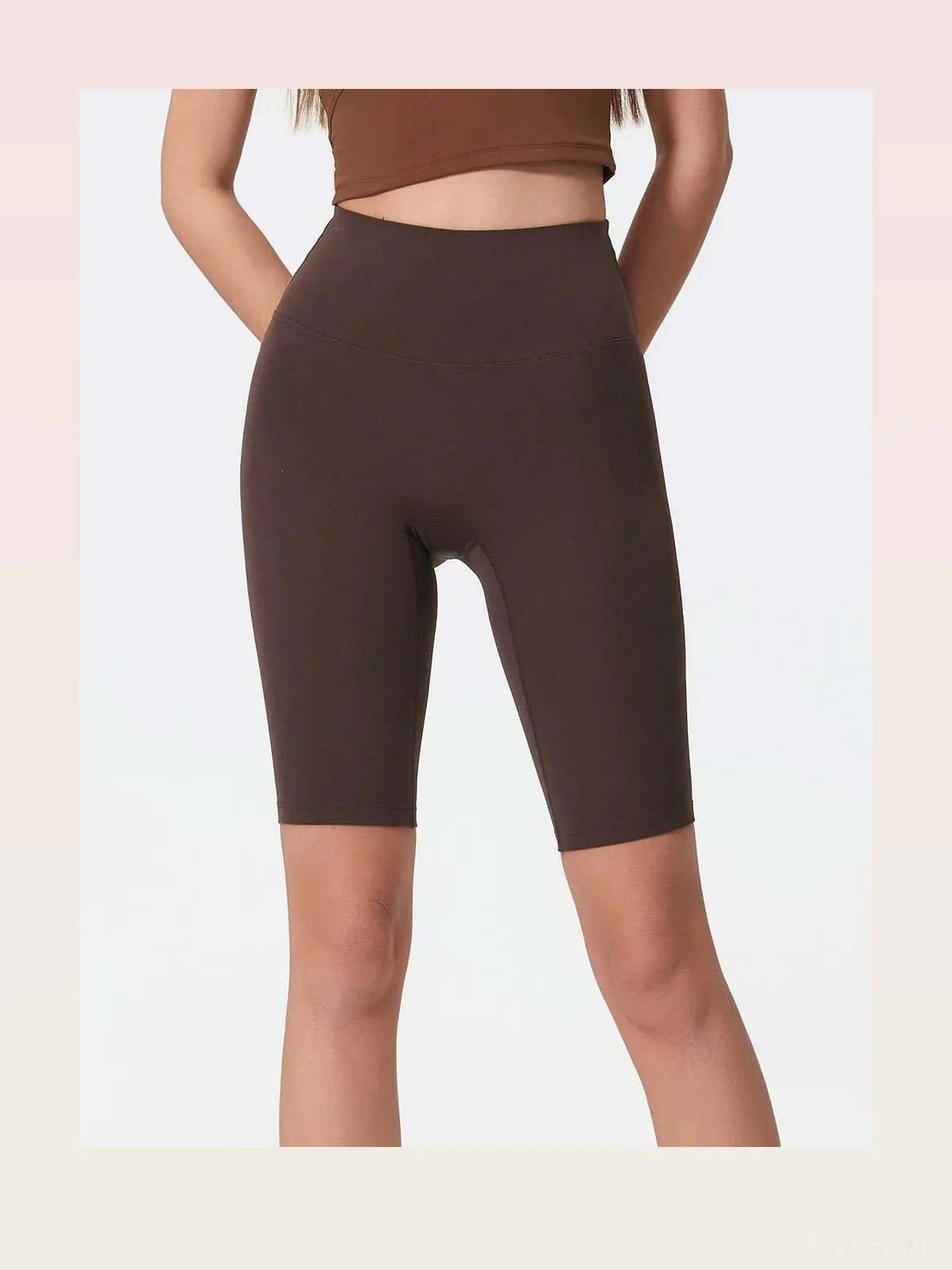 High Rise Wide Waistband Active Shorts in Dark Brown – styled outfit view