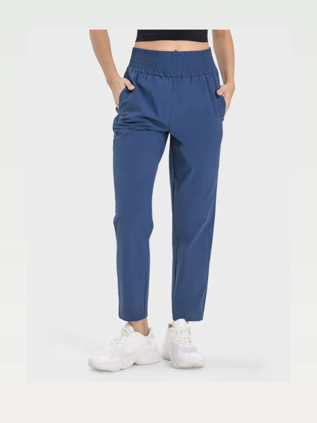 Pocketed High Waist Active Pants in Peacock  Blue — styled showcase — Livostyle