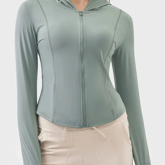 Pocketed Zip Up Hooded Long Sleeve Active Outerwear — square view — Livostyle