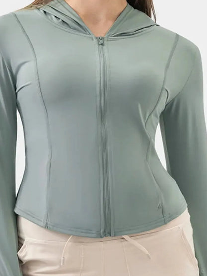 Pocketed Zip Up Hooded Long Sleeve Active Outerwear — detail view — Livostyle