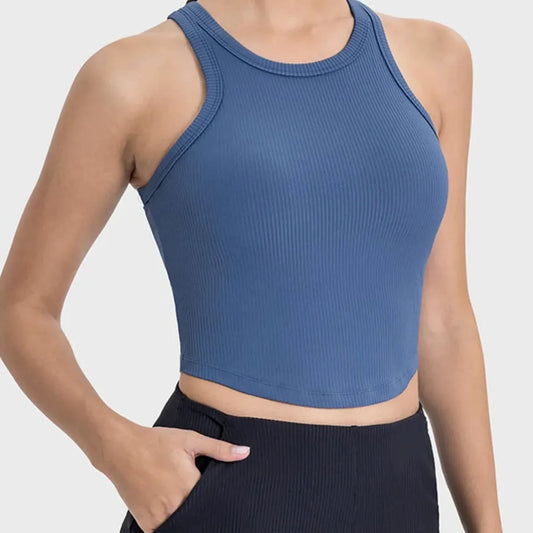 Round Neck Racerback Active Tank in Dusty Blue – full product view