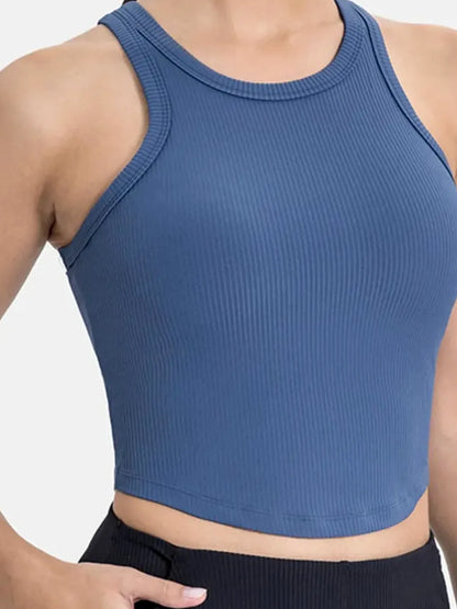 Round Neck Racerback Active Tank in Dusty Blue – fabric and detail close-up – photo 2