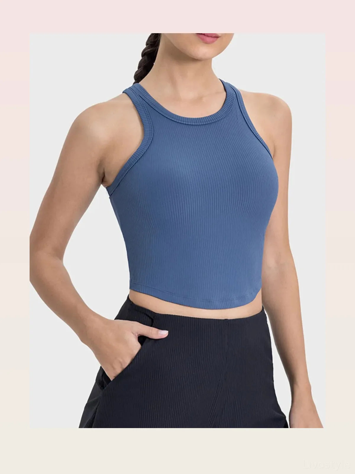 Round Neck Racerback Active Tank in Dusty Blue – styled outfit view – photo 2