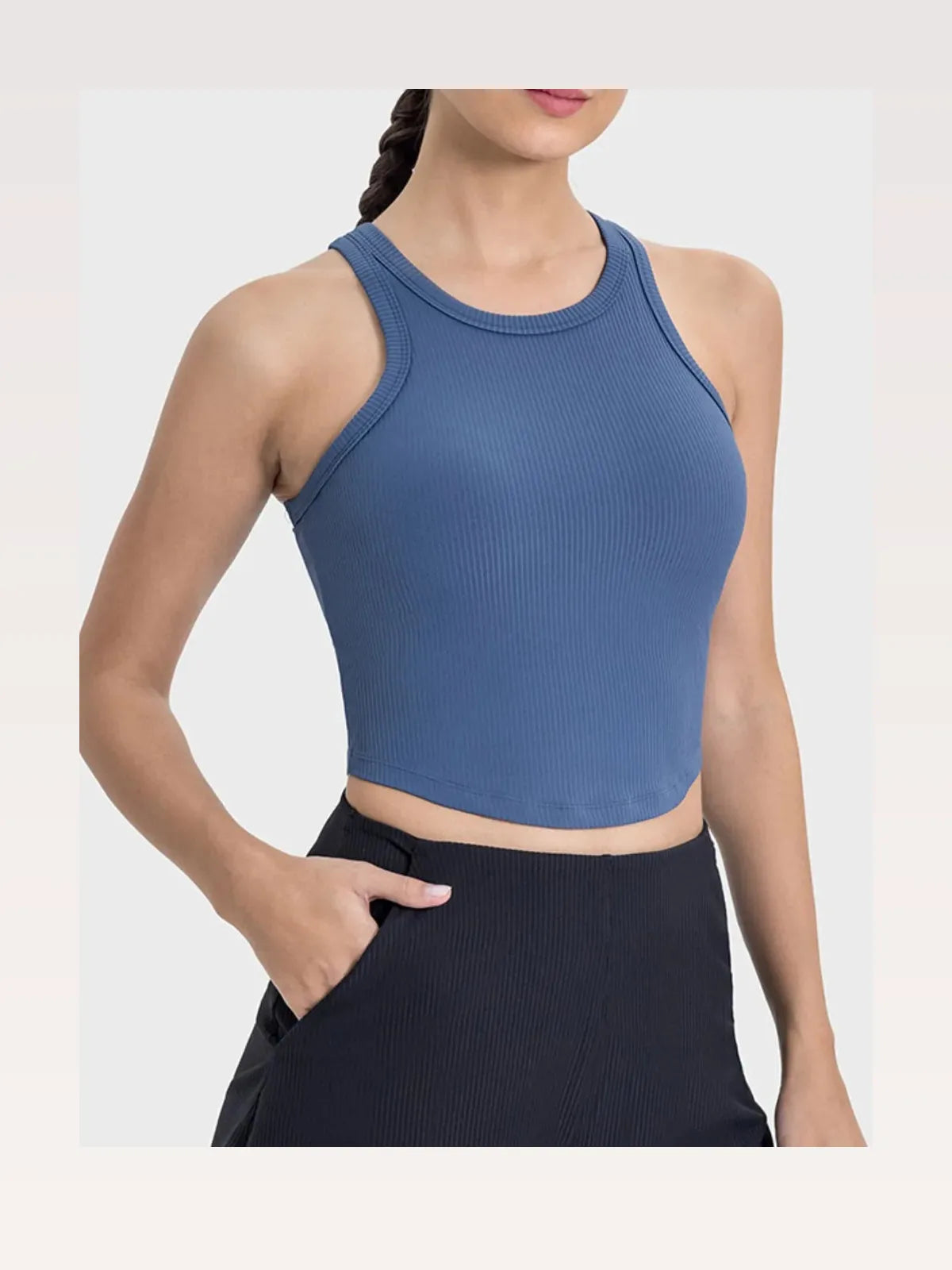 Round Neck Racerback Active Tank in Dusty Blue – styled outfit view