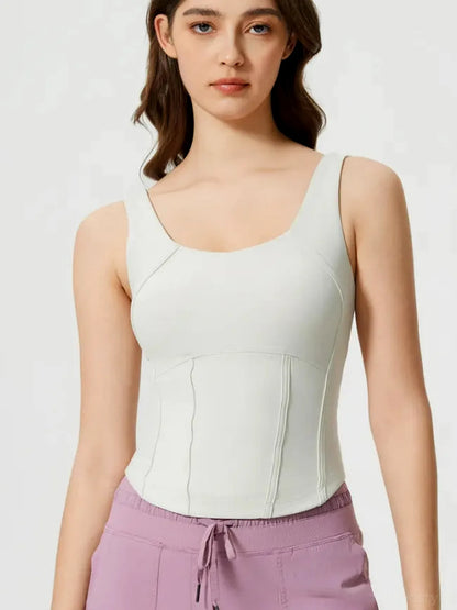 Round Neck Wide Strap Active Tank with Detachable Chest Pads — detail view — Livostyle