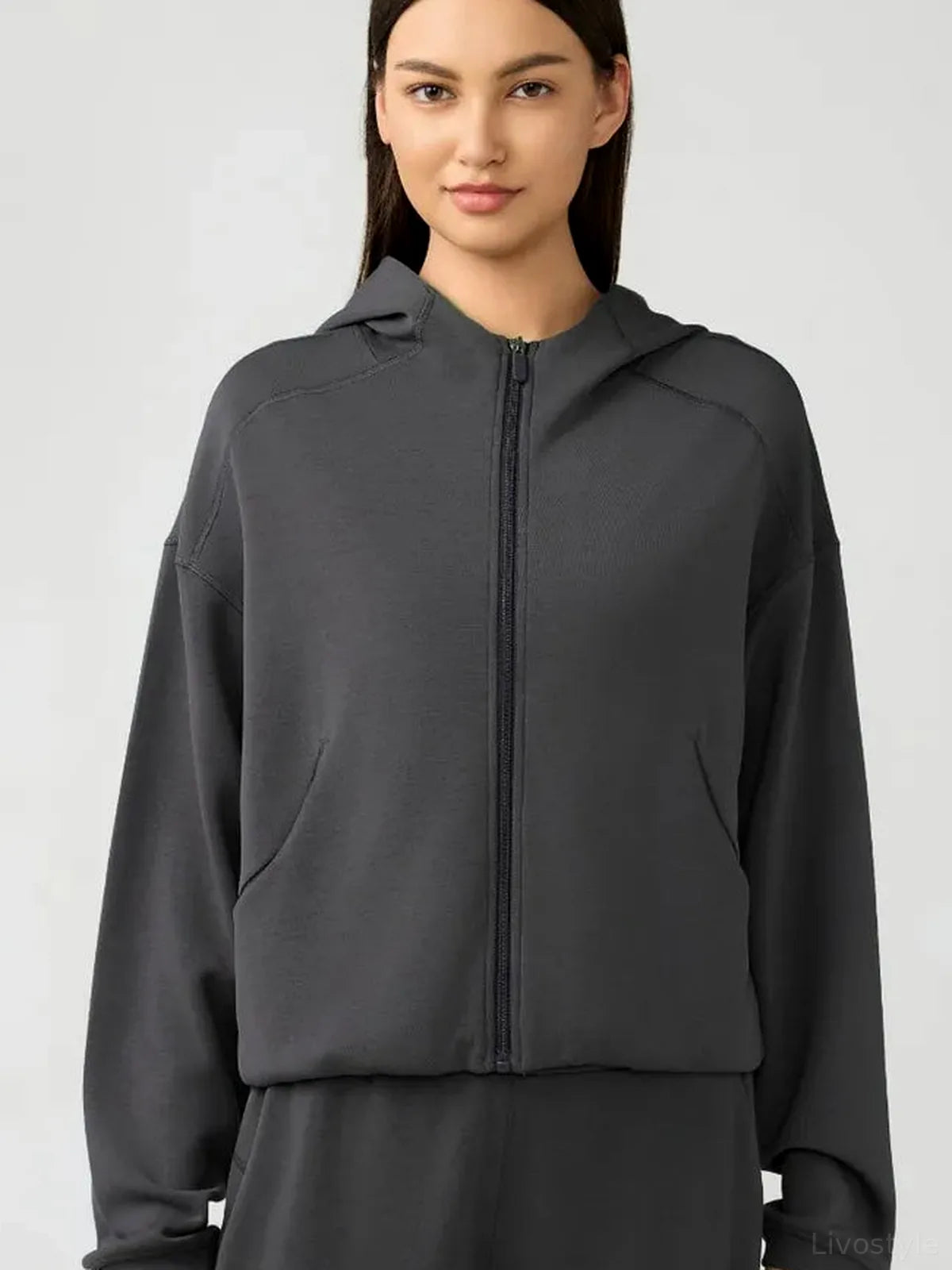 Zip Up Dropped Shouder Active Hooded — detail view — Livostyle