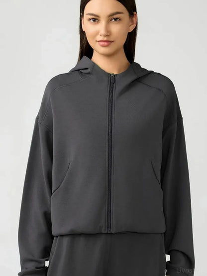 Zip Up Dropped Shouder Active Hooded — detail view — Livostyle