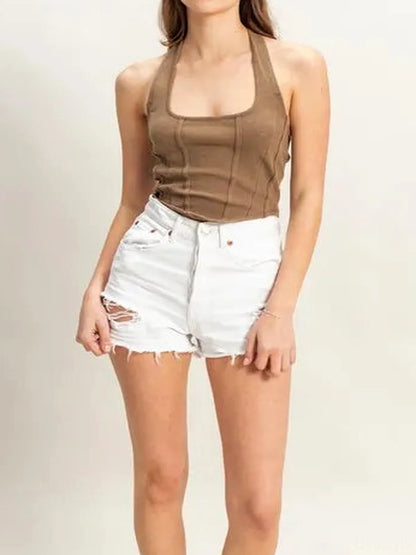 Trendy Mineral Wash Halter Top for Daily Wear — detail view — Livostyle