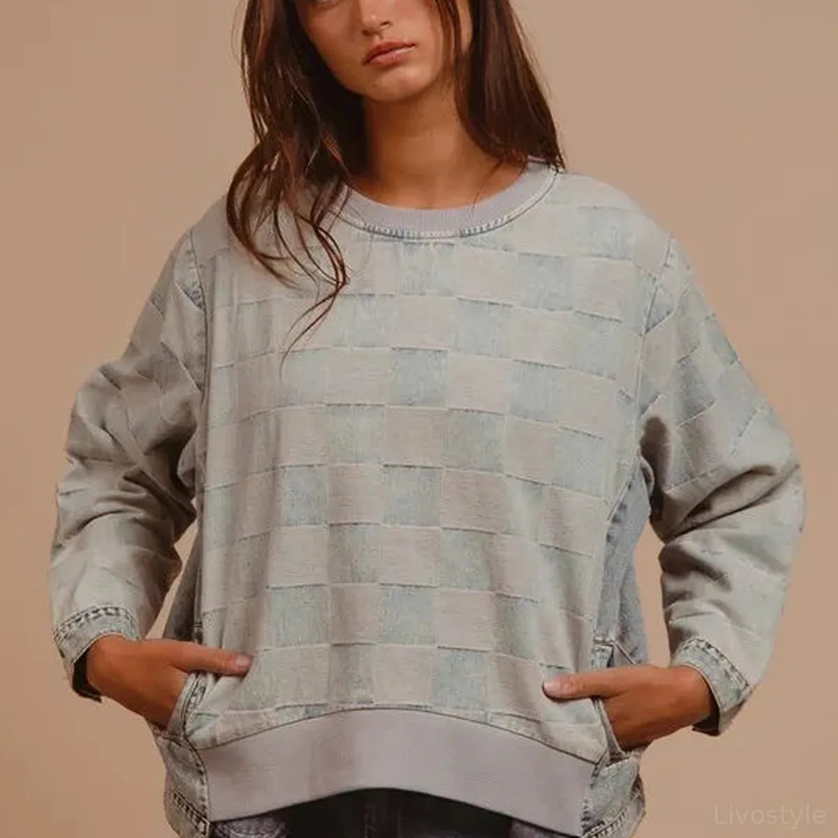 Mineral Washed Checkered Round Neck Denim Top — square view — Livostyle