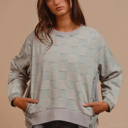 Mineral Washed Checkered Round Neck Denim Top — square view — Livostyle
