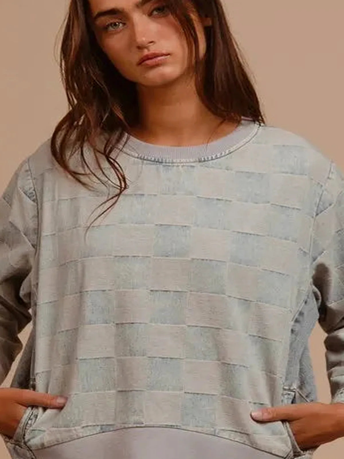 Mineral Washed Checkered Round Neck Denim Top — detail view — Livostyle