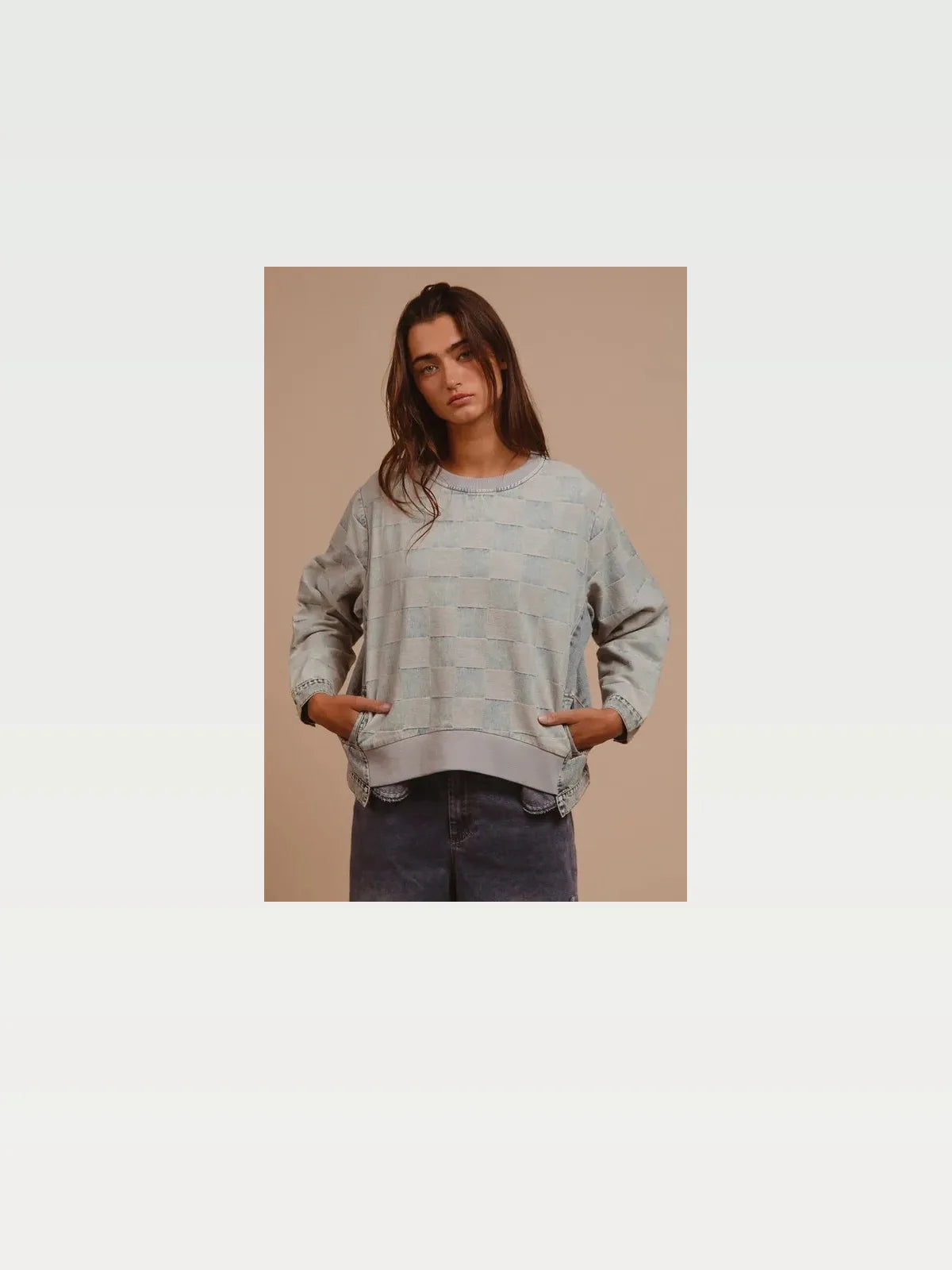 Mineral Washed Checkered Round Neck Denim Top — styled showcase — Livostyle