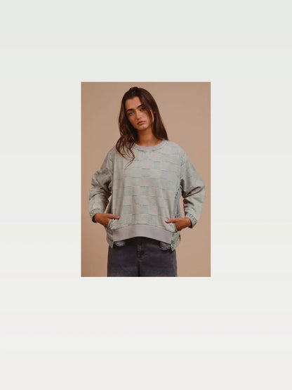 Mineral Washed Checkered Round Neck Denim Top — styled showcase — Livostyle