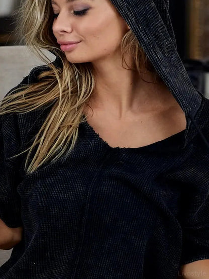 Trendy Mineral-Washed Short Sleeve Hoodie for Casual Style — detail view — Livostyle