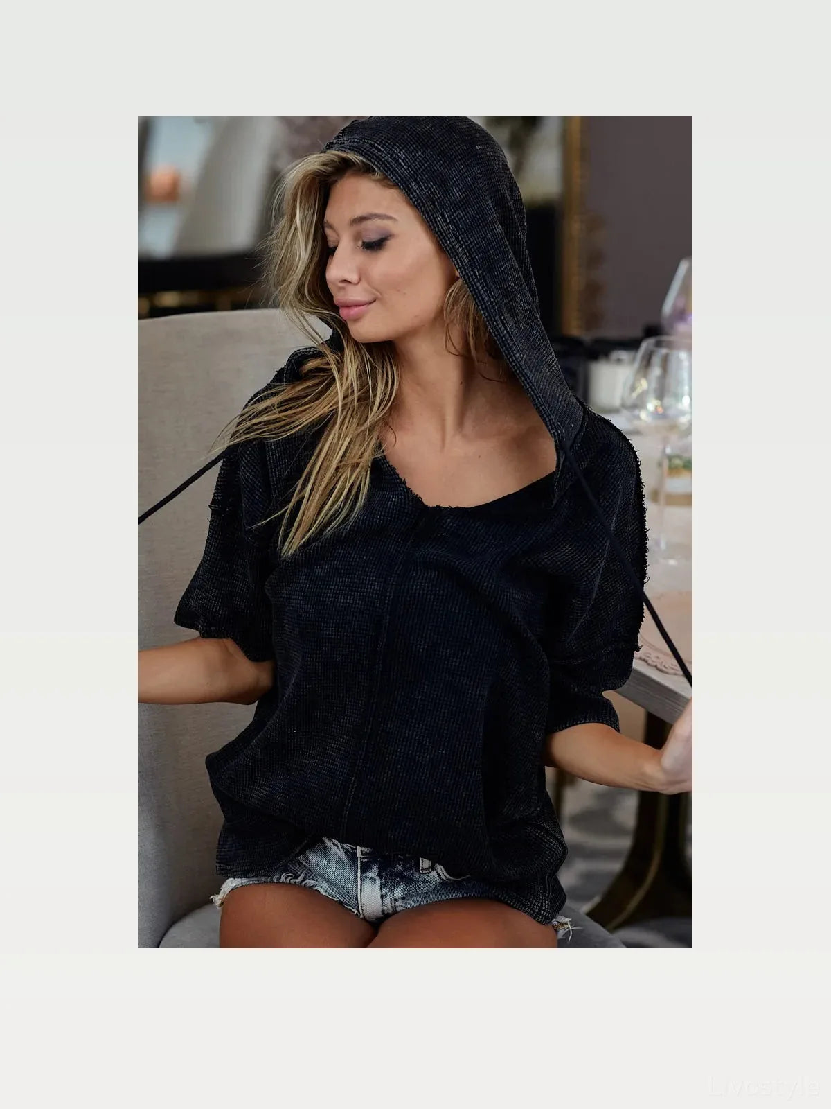 Trendy Mineral-Washed Short Sleeve Hoodie for Casual Style — styled showcase — Livostyle