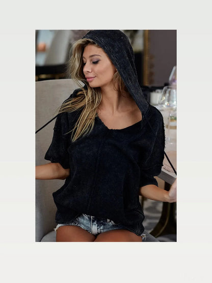 Trendy Mineral-Washed Short Sleeve Hoodie for Casual Style — styled showcase — Livostyle