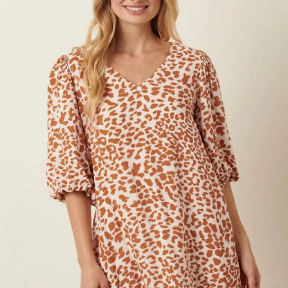 Animal Print Puff Sleeve Mini Dress in Mustard — square view — Livostyle