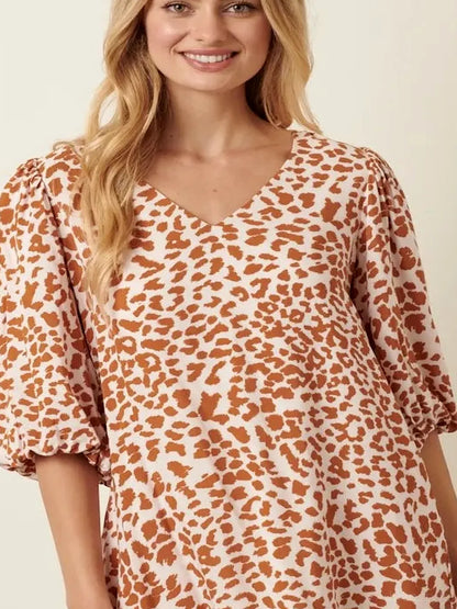 Animal Print Puff Sleeve Mini Dress in Mustard — detail view — Livostyle