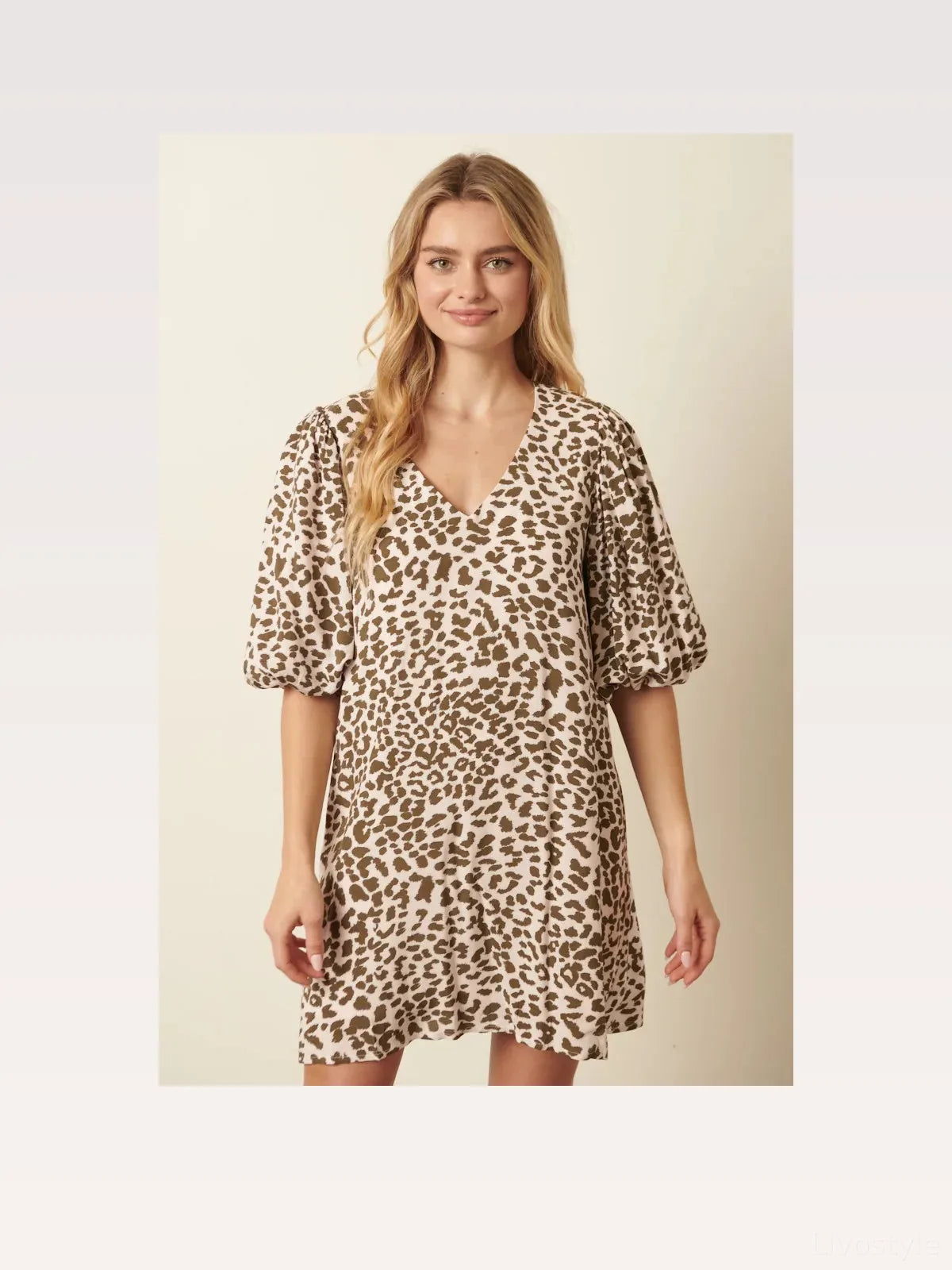Animal Print Puff Sleeve Mini Dress in Olive — styled showcase — Livostyle