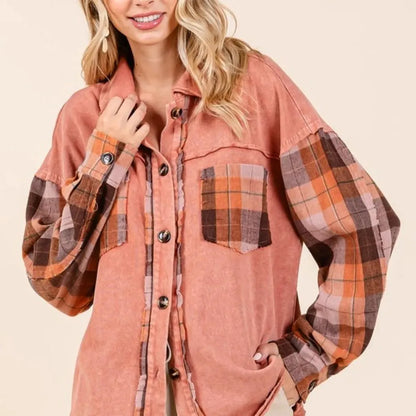Button Down Contrast Plaid Patchwork Shacket — square view — Livostyle