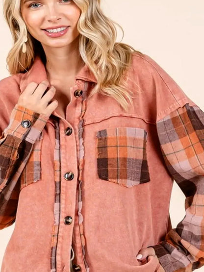Button Down Contrast Plaid Patchwork Shacket — detail view — Livostyle