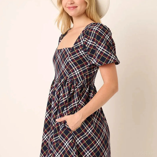 Checkered Print Puff Sleeve Babydoll Mini Dress — square view — Livostyle
